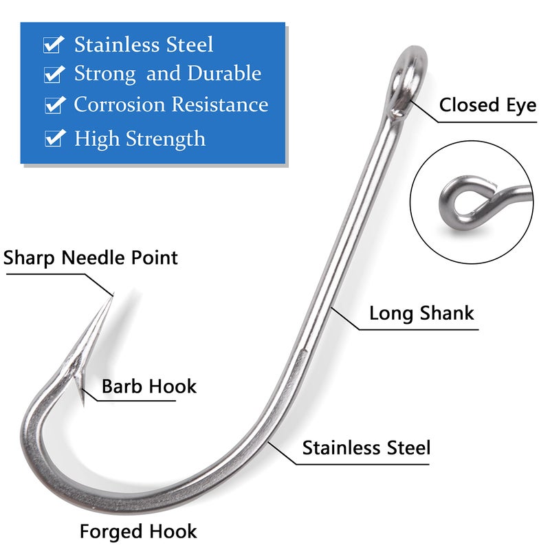 Shaddock Fishing O'shaughnessy Saltwater Fishing Hooks Kit, 100pcs Long Shank Stainless Steel Sea Hooks Assortment for Freshwater and Saltwater - Image 2